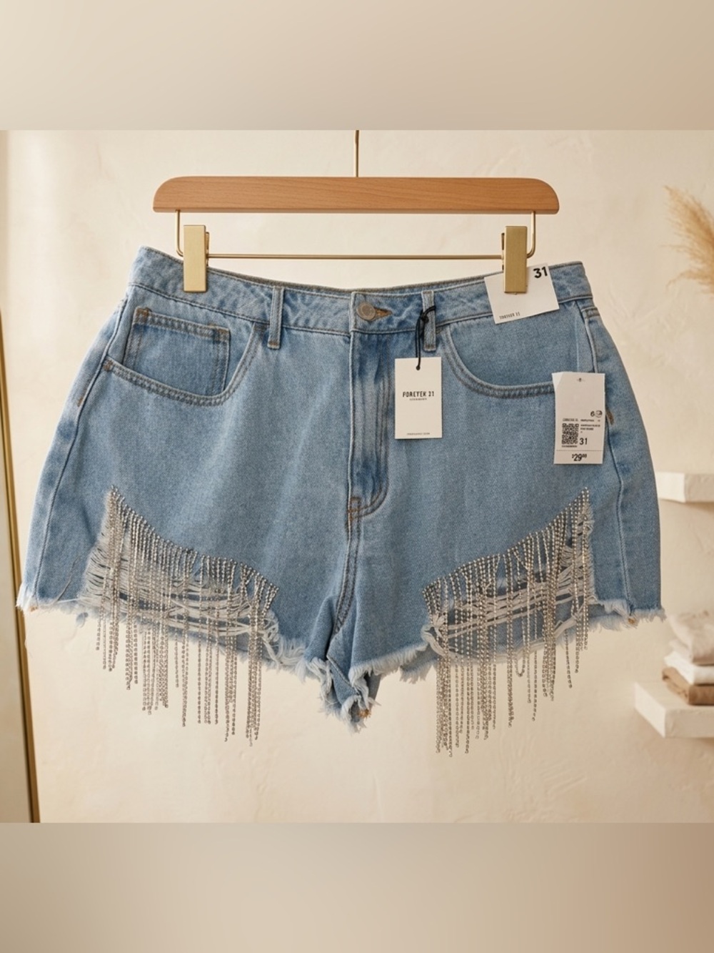 NWT Forever 21 Light Blue Denim Shorts with rhinestone Fringe